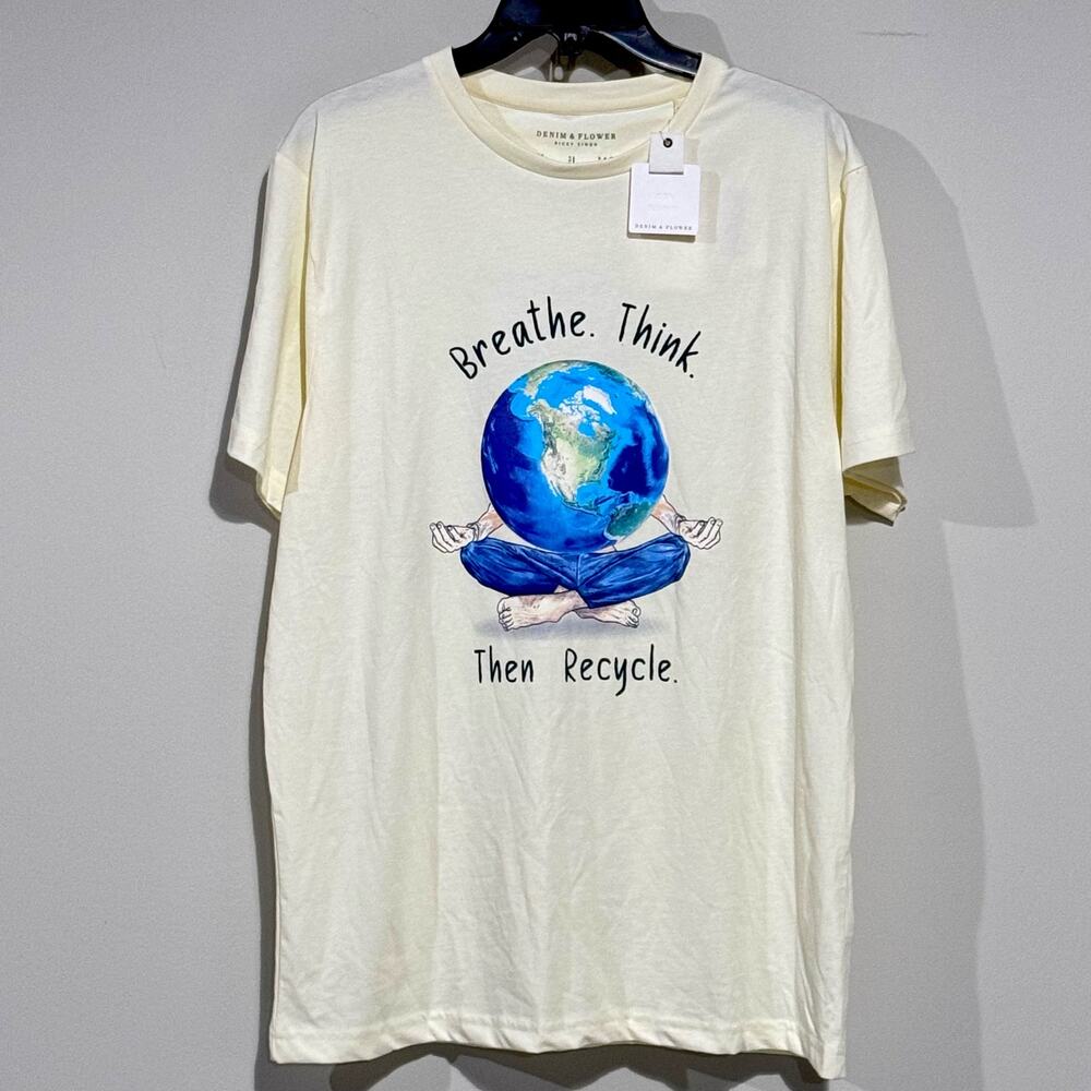 Denim & Flower NWT Men's Ivory Cotton Large T-Shirt‎ Casual Green Living Recycle